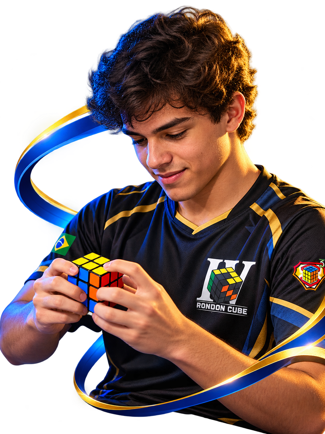 Competidor segurando um cubo mágico